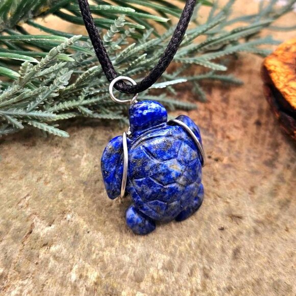 Nature Lapis Lazuli Carved Cute Turtle Wire Wrapped Pendant Necklace - Picture 7 of 10